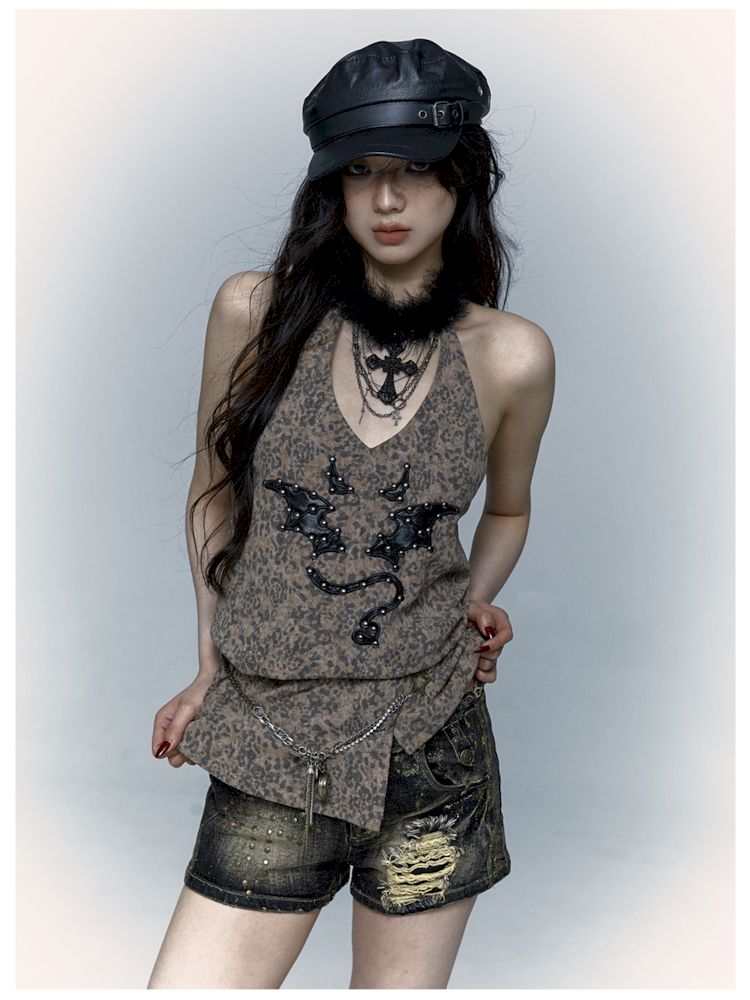 Embroidered Leopard Print Hanging Neck Vest Camisole