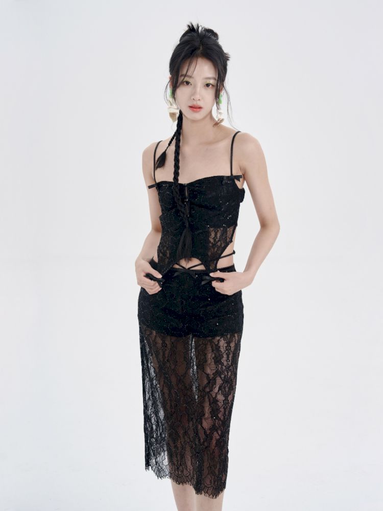 Black Lace Camisole + Low Waist Lace Half Skirt Set