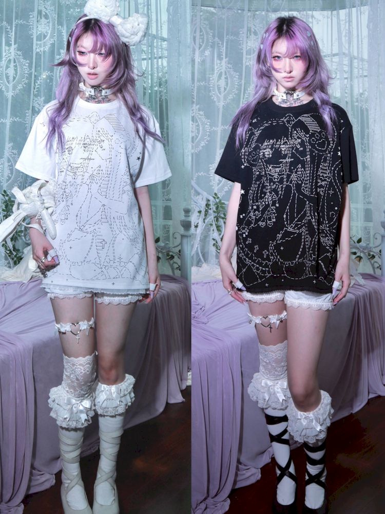 Black and white loose lace T-shirt