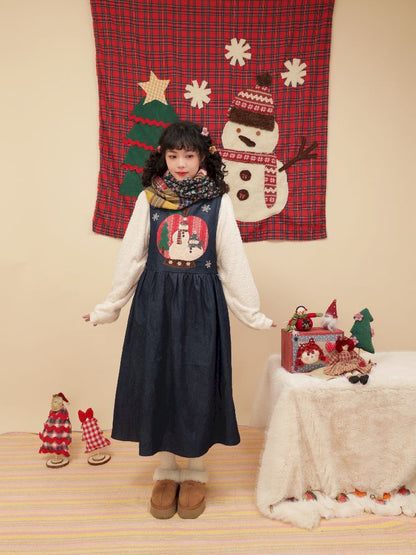 Christmas Tree Appliqued Denim Vest Skirt