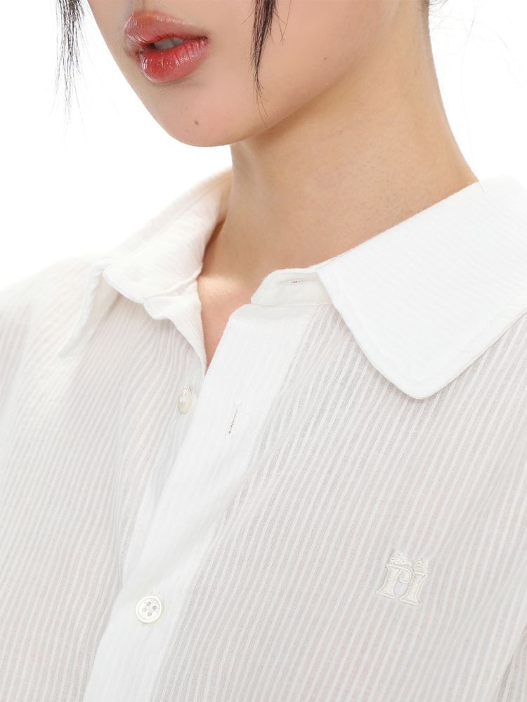 Stripe Embroidery Label Lapel Tie Short Sleeve Shirt