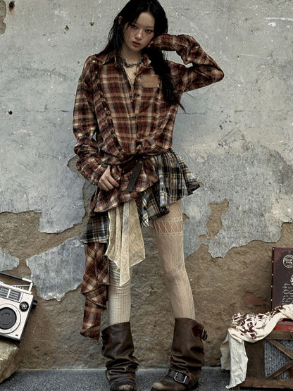 Spliced Plaid Irregular Half-body Skirt