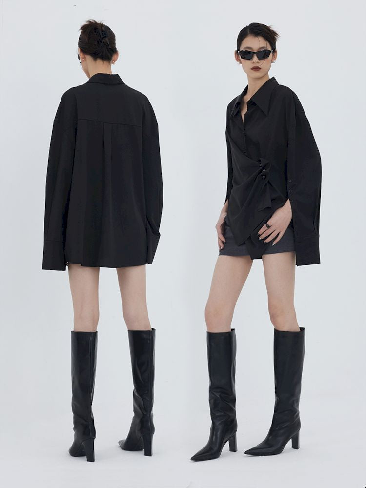 Asymmetric Hem Pleated Loose Pointed Collar Shirt