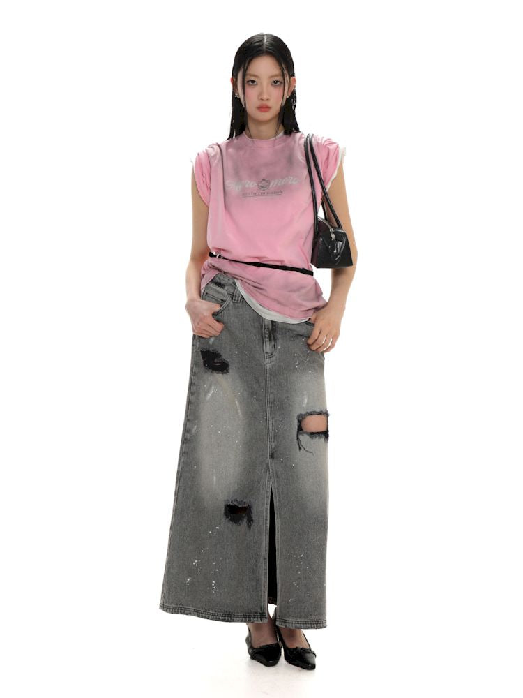 Multiple holes denim long skirt