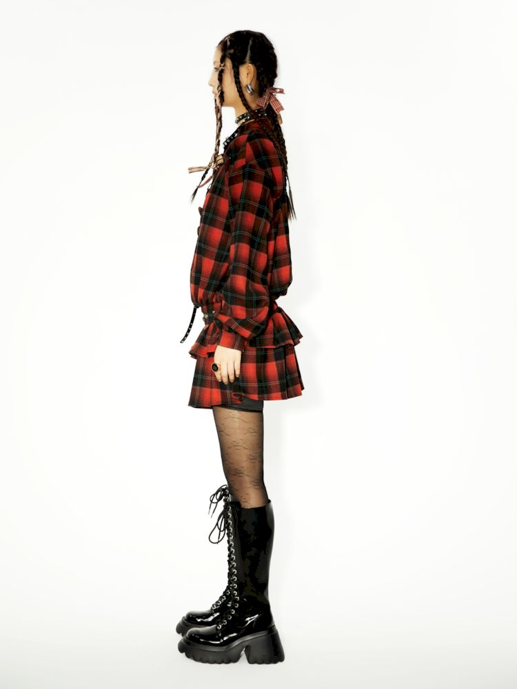 Plaid waist slimming mini cake dress