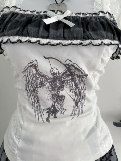 One Neck White Plaid Lace Angel Skull Short Short Sleeve T-Shirt