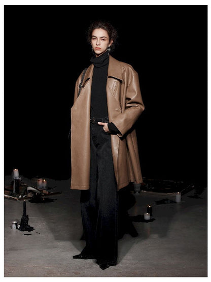 Mid-Length Silhouette Loose Leather Trench Coat