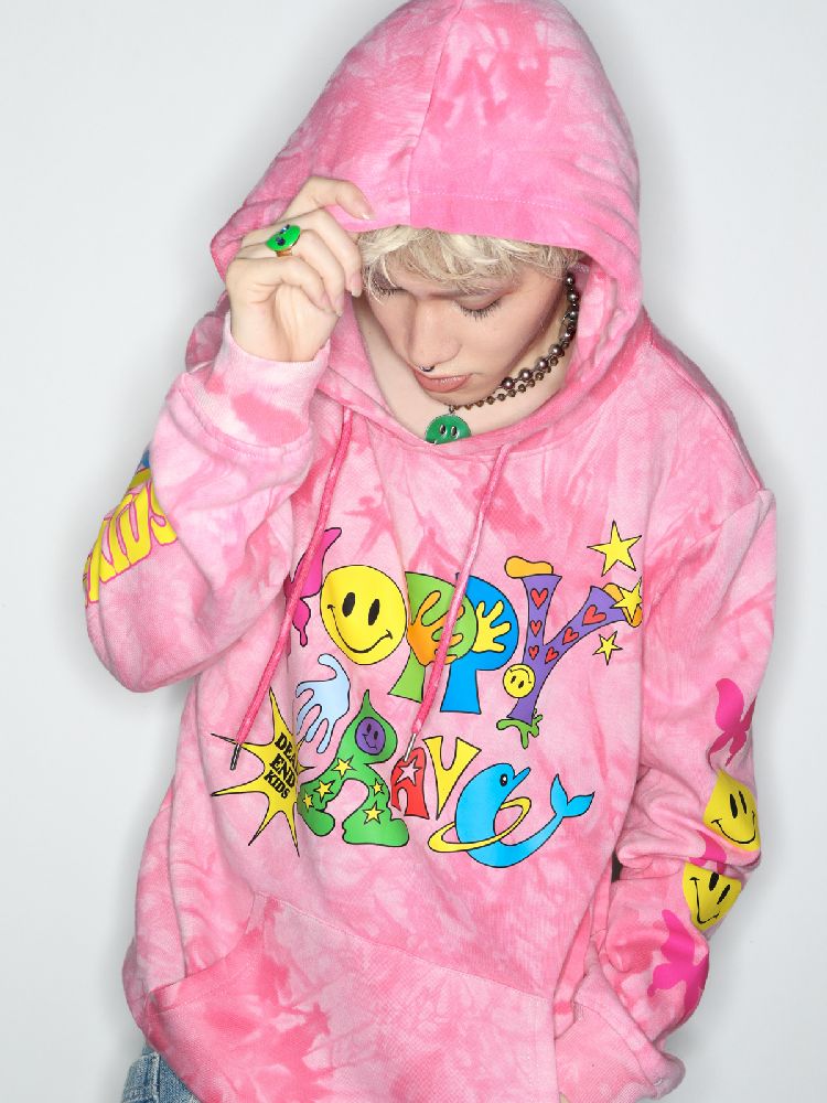 Smiley Pink Tie-Dye Hooded Sweatshirt