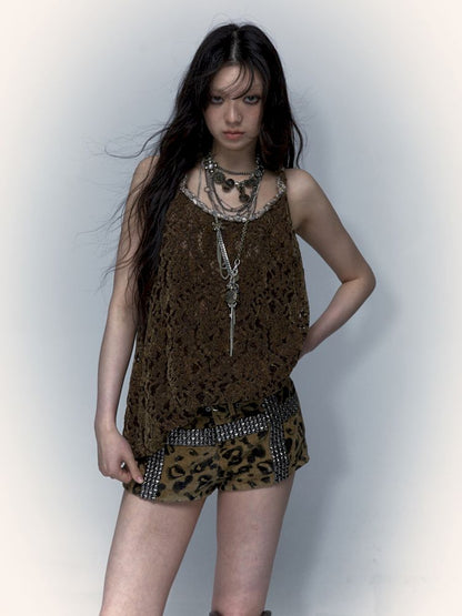 Slouchy Old Hollowed Out Loose Flocked Lace Vest