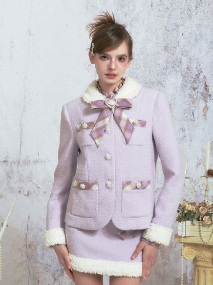 Purple tweed straight jacket half skirt suit