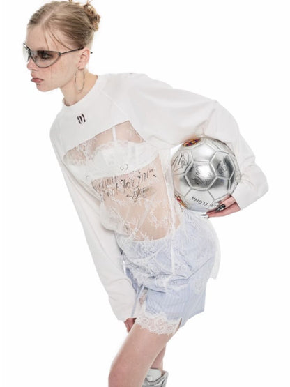 White Lace Plunger Sleeve T-Shirt