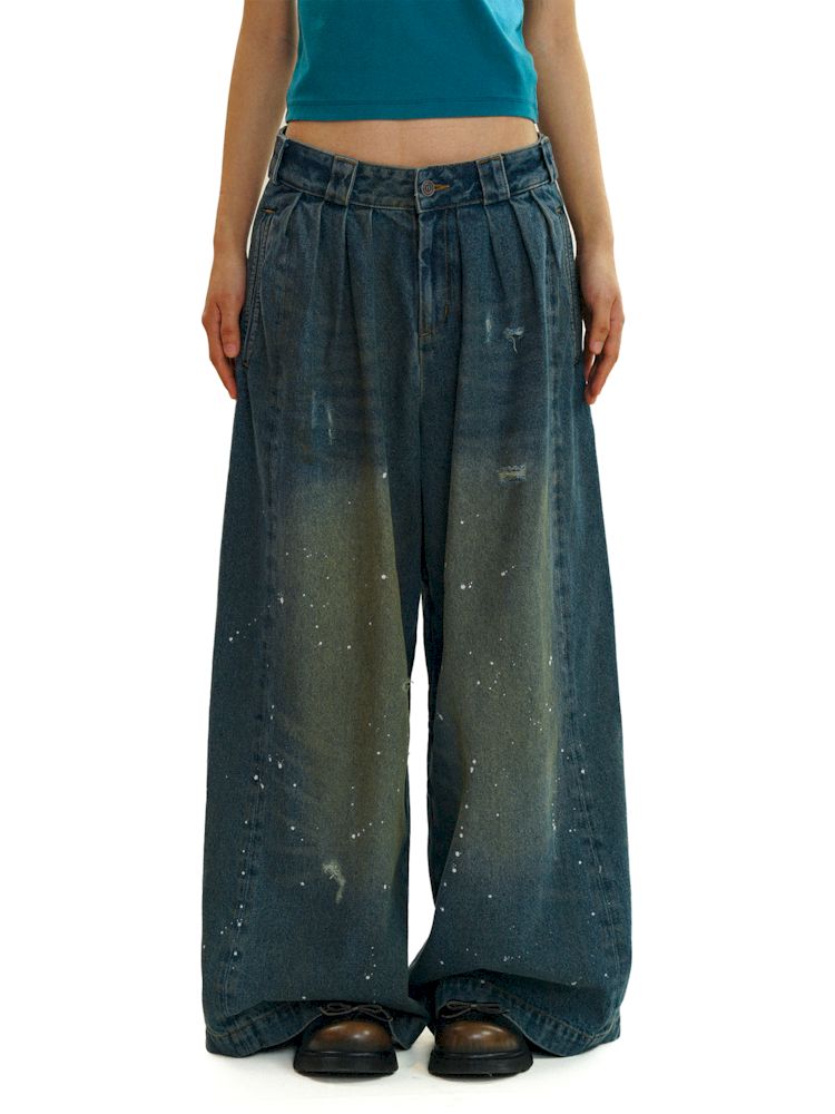 Baggy dragging wide leg denim trousers