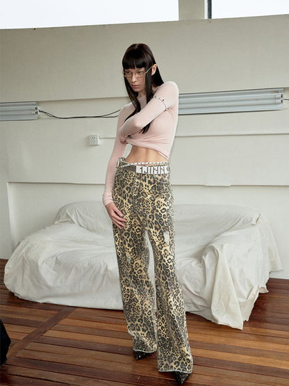 Leopard Print Canvas Wide Leg Pants