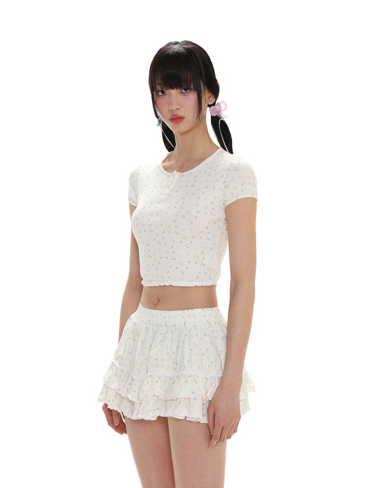 Fresh floral full print lace round neck short sleeve T-shirt