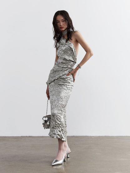 Metallic Satin Crinkle Textured Two-Piece Dress