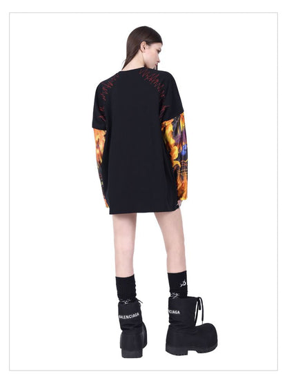 Flame Cat Concept Genderless Loose Street Patchwork Sleeve T