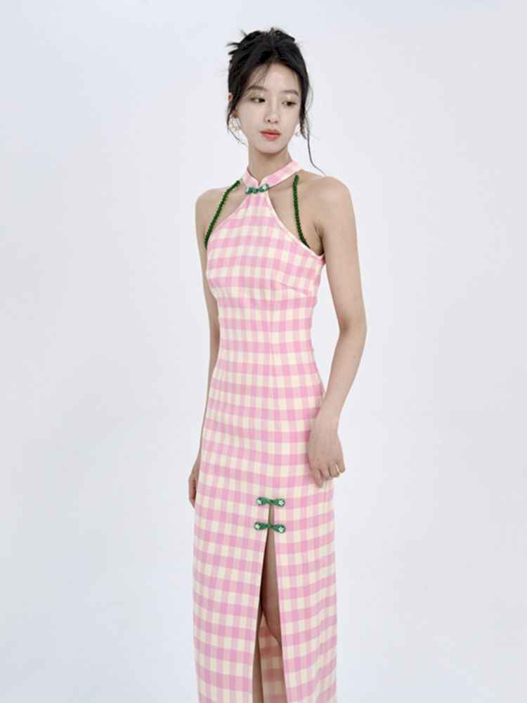 Pink Check Slim Long Cheongsam Dress