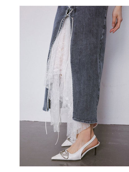 Lace Splicing Lace Tie Slim Split Denim Long Skirt