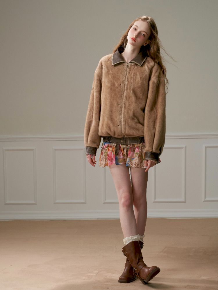 Lace Tie Brown Washed Scrub Color Fur Coat