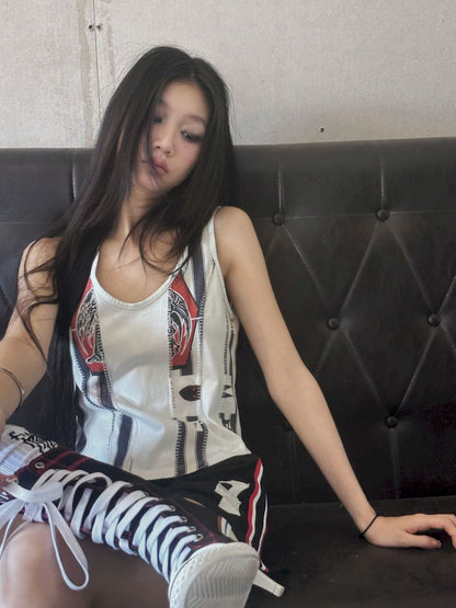 Irregular print patchwork vest T-shirt