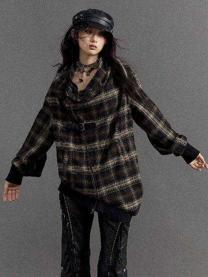 Loose plaid asymmetrical sweater jacket