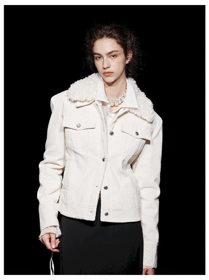 Removable Fur Collar Cotton Corduroy Jacket