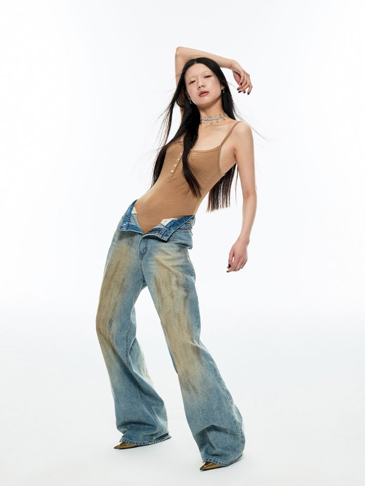 Light blue washed yellow clay-dyed wide-leg jeans