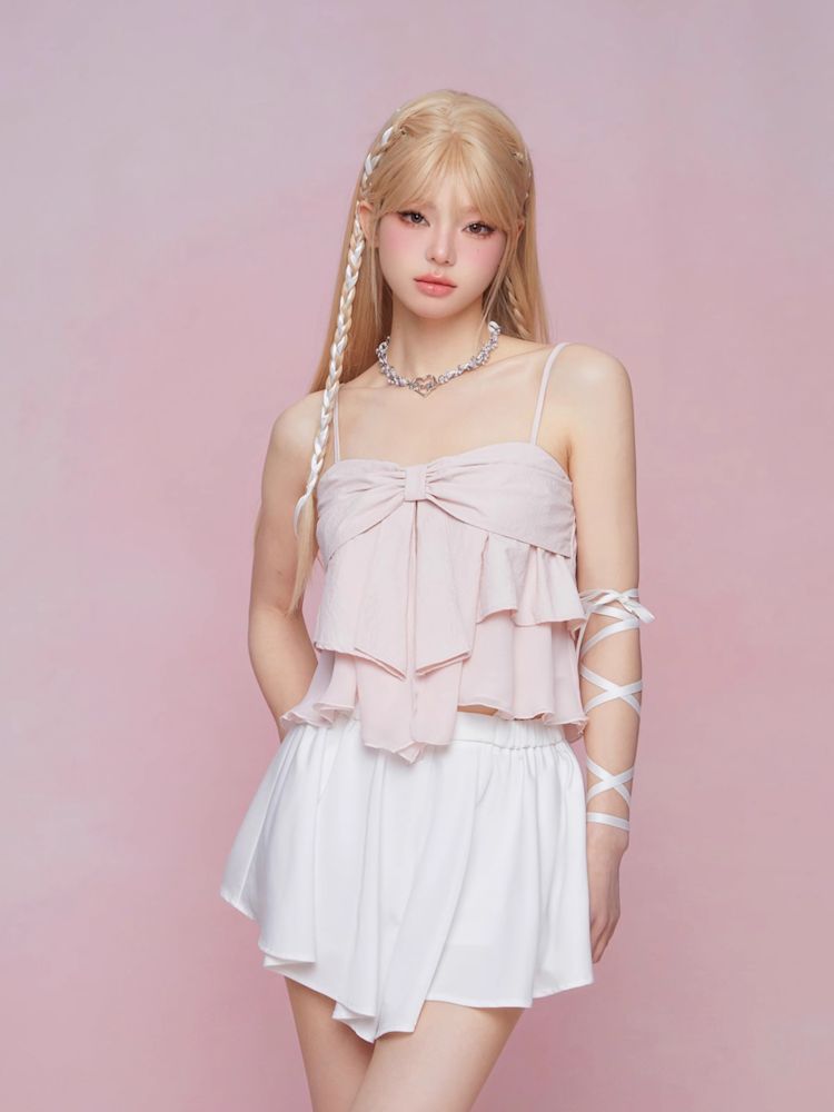 Bow Double Pleated Irregular Ruffle Camisole