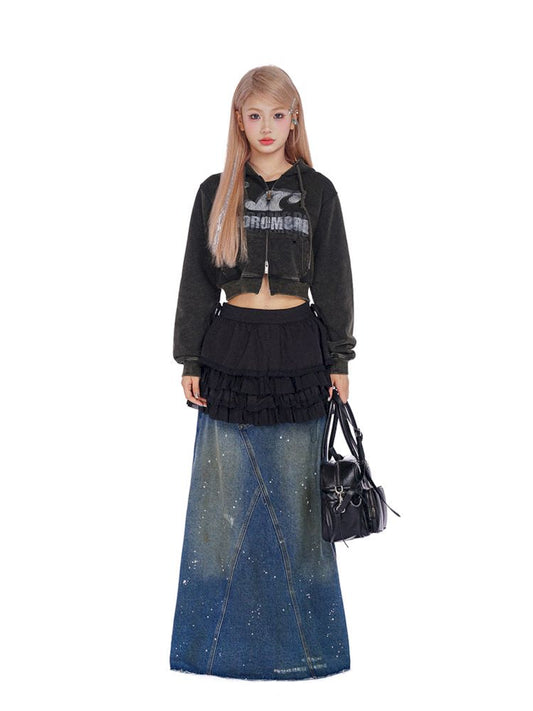 Washed splash ink flinging point spray denim bustier skirt