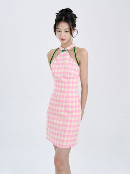 Pink Check Slim Short Dress