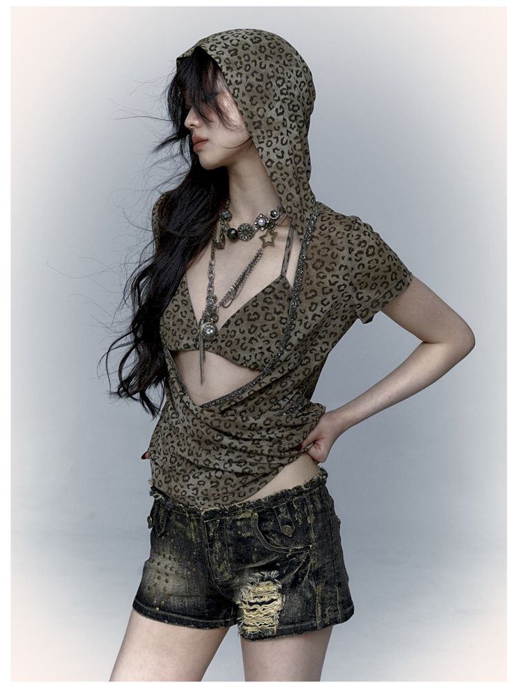 Metallic Leopard Mesh Hooded Hottie Short Sleeve T-Shirt