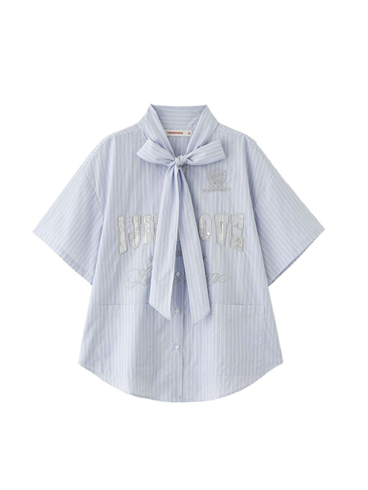 Bow Tie Ballgown Striped Short Sleeve Shirt