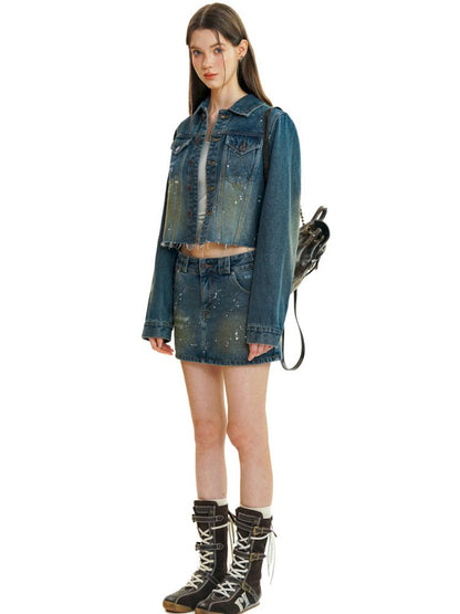 Heavy industry splash ink spray denim short skirt