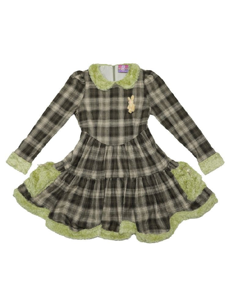 Bunny Doll Green Brown Plaid Petal Dress