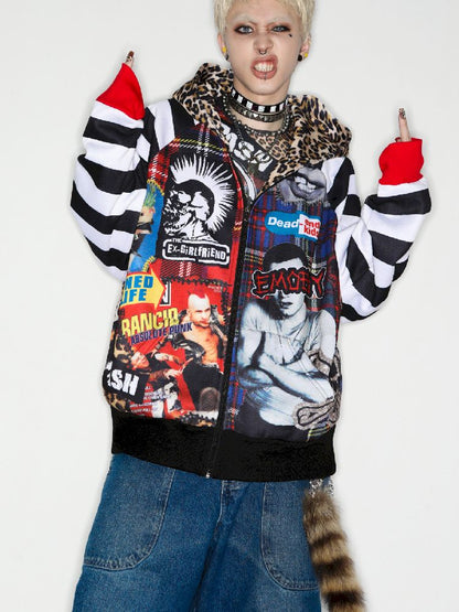 American punk leopard print Zipper Sweatshirt Jacket