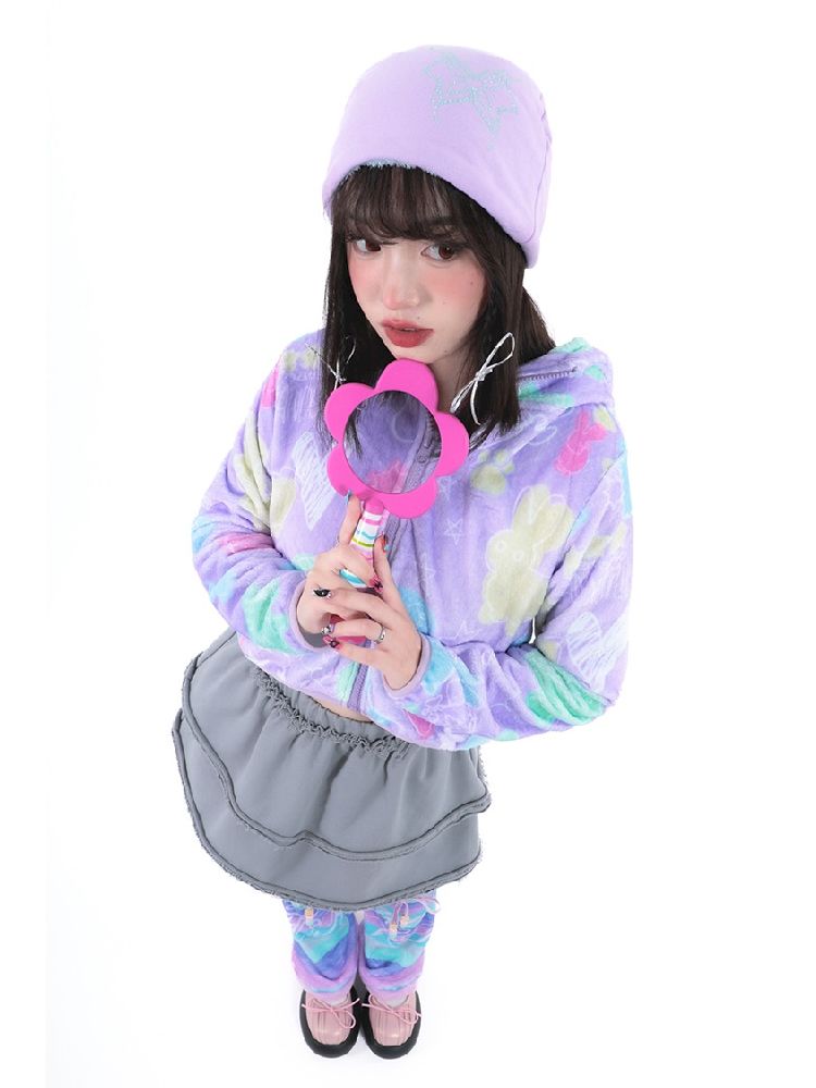 Purple Short Plush Printed Jacket