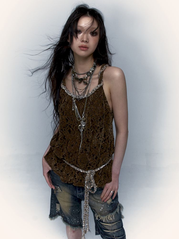 Slouchy Old Hollowed Out Loose Flocked Lace Vest