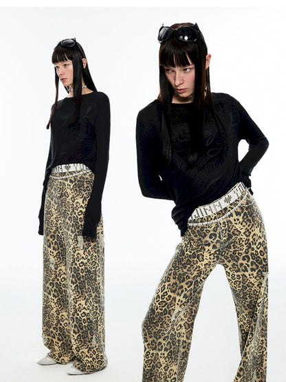 Leopard Print Canvas Wide Leg Pants