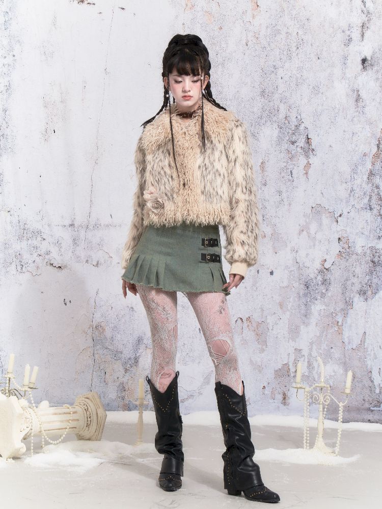 Beige Stripe Patchwork Fox Fur Coat