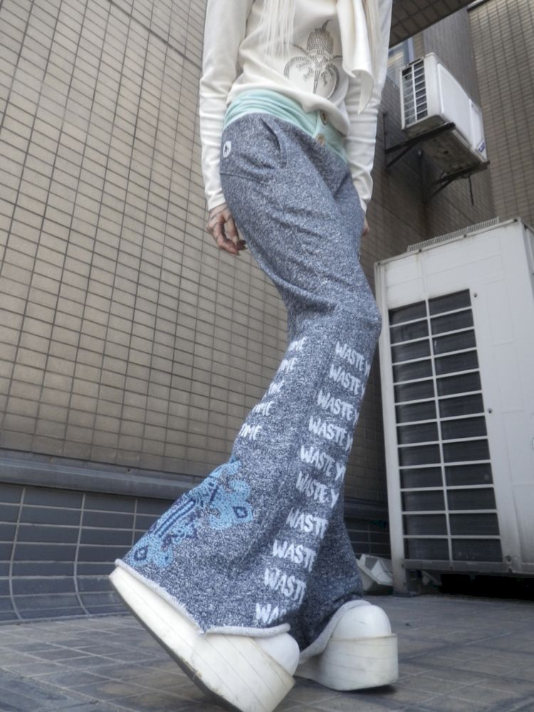 Low Rise Printed Studded Flared Stacked Sweatpants