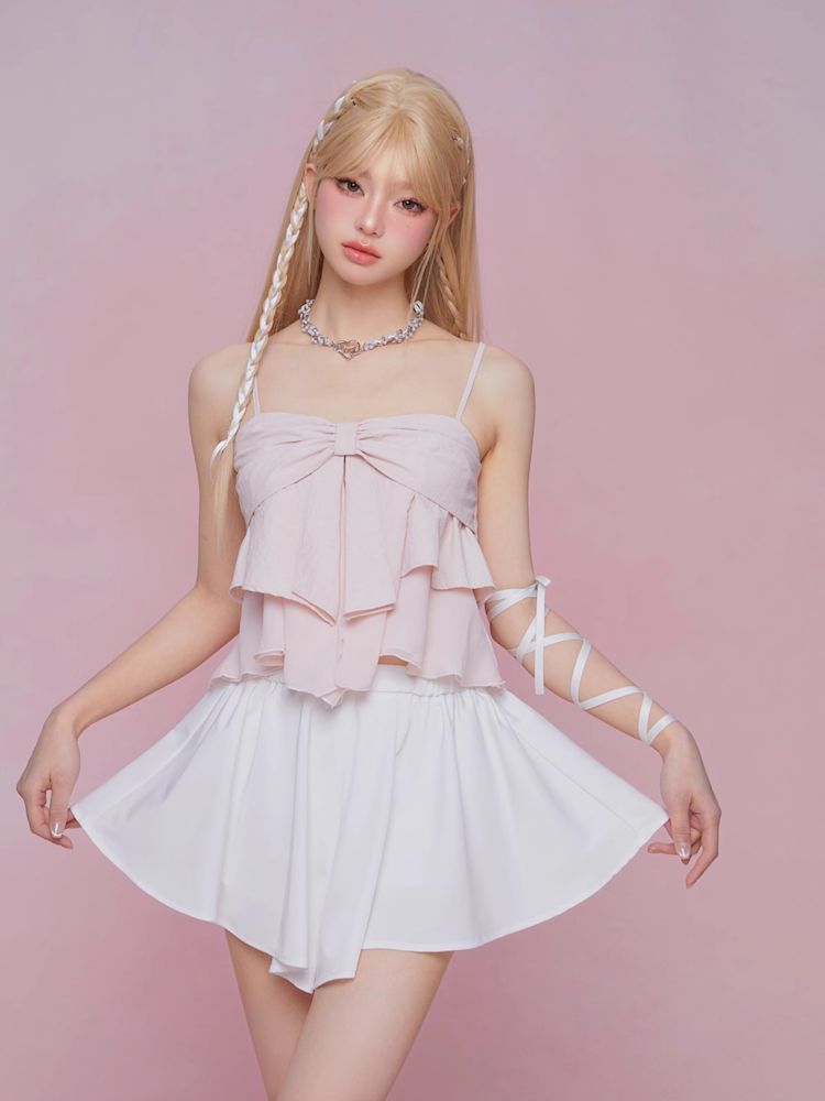 Bow Double Pleated Irregular Ruffle Camisole