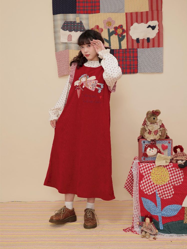 Lace Corduroy Red Vest Dress