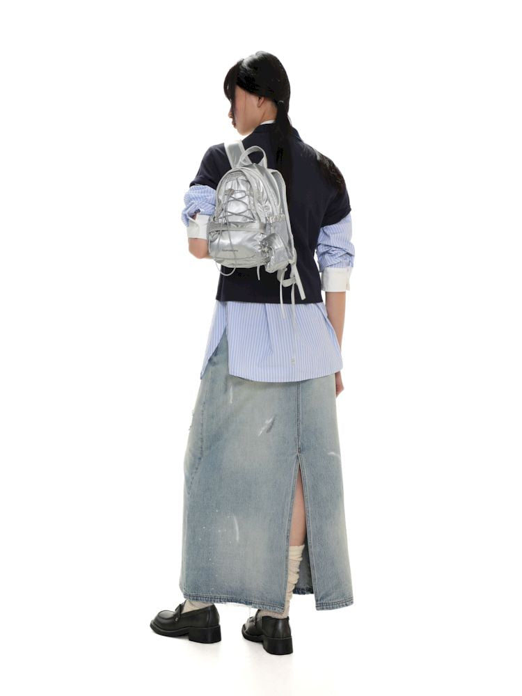 Multiple holes denim long skirt