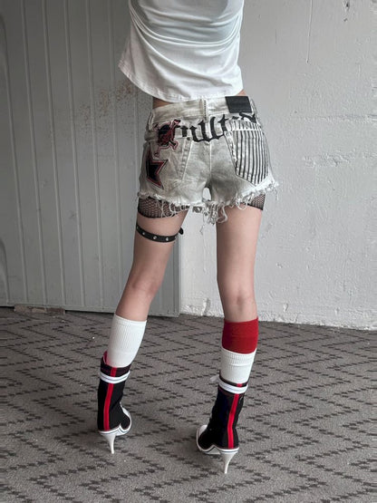 Low-rise embroidered denim hotpants shorts