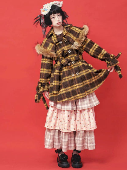 Yellow Plaid Tweed Thick Coat