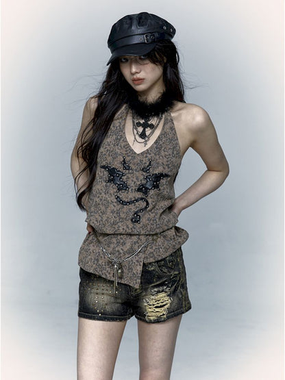 Embroidered Leopard Print Hanging Neck Vest Camisole