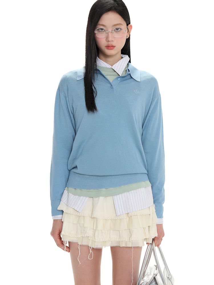 Polo collar long-sleeved jumper