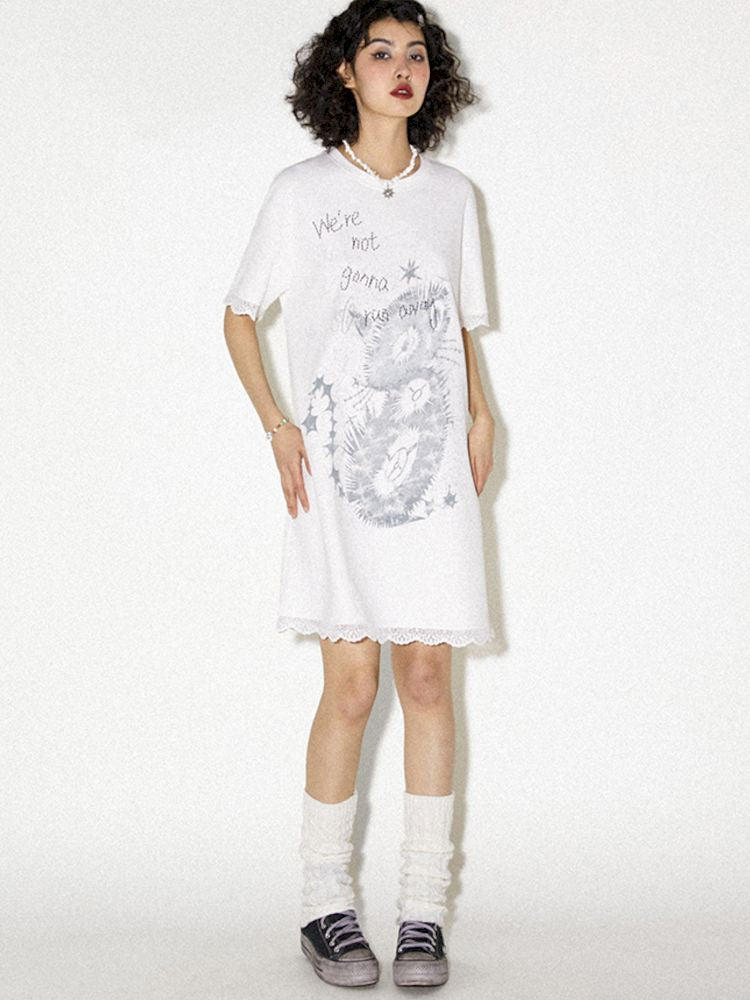 Lace Splicing Printed T-Shirt Dress