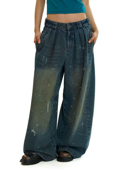 Baggy dragging wide leg denim trousers