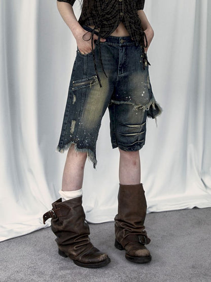 Punk street washed and worn wide-leg jeans